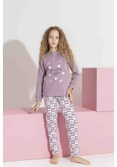 Tarık 10-15 Yaş Kız Çocuk Kalpli Kanaviçe Baskılı İnterlok Pijama Takımı 3192320 - Mor Mor