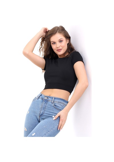Winmoda34 Kadın Dalgıç Kumaş Crop Büstiyer Siyah Bisiklet Yaka siyah
