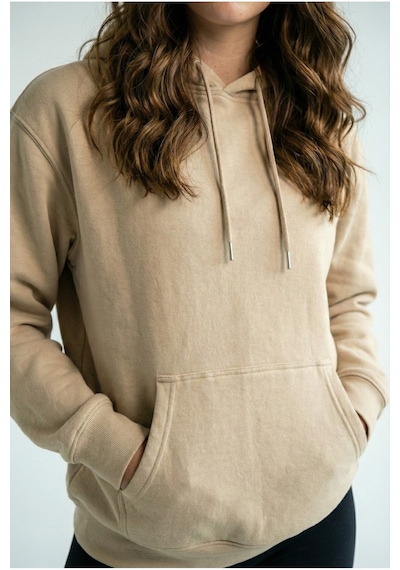 Hoxie Unisex Rahat Kesim Pamuklu Yumuşak Dokulu İçi Polarlı Basic Desenli Kapüşonlu Sweatshirt Bej