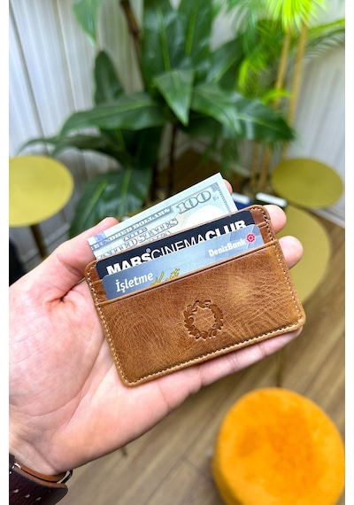 Unisex Crazy Taba Mini Design Hakiki Deri Kartlık Cüzdan Erkek - Kadın Taba
