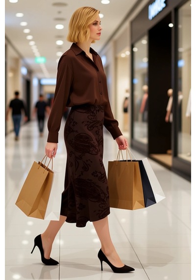 Benerly Kadın A Line Midi Etek Şal Desenli Düşük Bel %92 Polyester %8 Ela Kahverengi