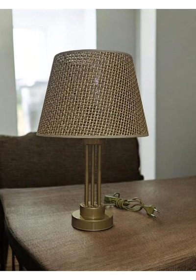 Kule Abajur Eskitme Statik Boyalı Kahverengi Rattan Şapkalı