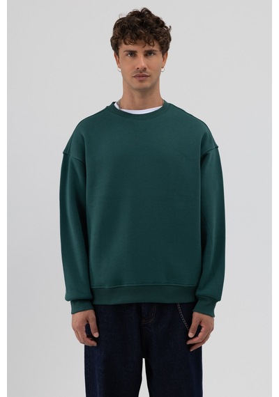 Vamos Basic Bisiklet Yaka Oversize Sweatshirt Nefti Yeşil