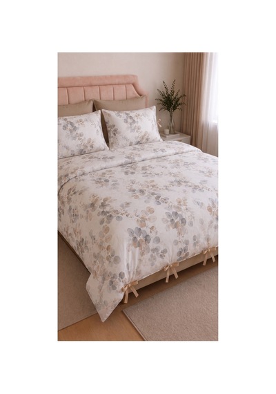 %100 Pamuk Çift Kişilik Okaliptüs Desenli Nevresim Seti 220x200 Cm Bağcıklı 2 Desenli + 2 Düz Beyaz Yastık Kılıfı Bej - 909842495 Bej