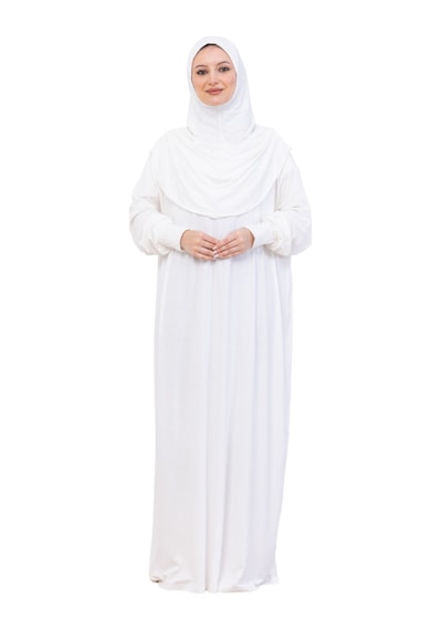 Modish Group Tek Parça Namaz Elbisesi Seti, Viskon Yumuşak Tesettür Abaya, Rahat Hazır Şal Başörtüsü Takım Krem