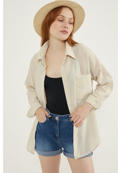 Meecy Kadın Krem Hafif Oversize Keten Gömlek Krem Krem