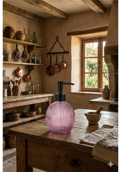 Çizgili Yuvarlak Siyah Pompalı Cam Sıvı Sabunluk - 500ml - 16x10x10 Cm Pembe