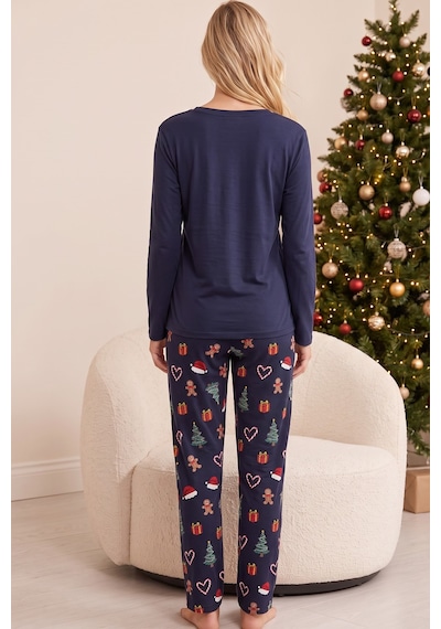 Siyah İnci Yılbaşı Temalı Pamuklu Likralı Örme Pijama Takım26241177 Lacivert