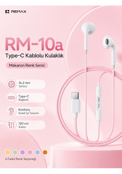 Remax 14.2mm Sürücülü Mikrofonlu Kulak İçi Kablolu Kulaklık - Type-c Rm-10a Pembe