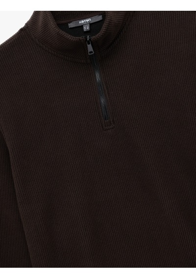 Koton Uzun Kollu Ribanalı Yarım Fermuarlı Sweatshirt Kahverengi 6wam70096mk Kahve