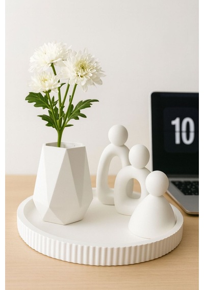 Aile Figürlü Dekoratif Set Modern Beyaz Tasarım 3 Lü Set + Vazo + Tepsi