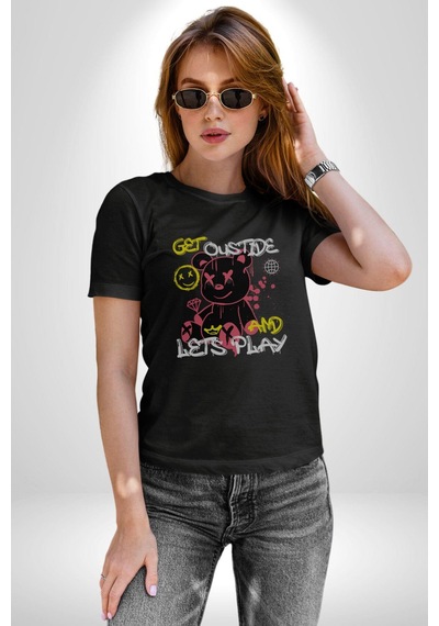 Dışarı Çık Ve Oynayalım Teddy Unisex Unisex Siyah Organik Baskılı T-shirt Penye Yüksek Kalite Siyah