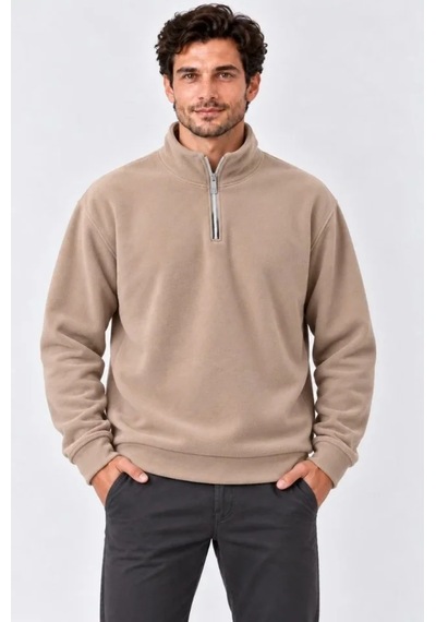 Butik İstanbul Erkek Polar Dik Yaka Yarım Fermuarlı Uzun Kollu Regular Fit Kışlık Sweatshirt - Bej