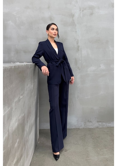 Msm Fashion Kadın İkili Kuşaklı Blazer Ceket Pantolon Takım Lacivert