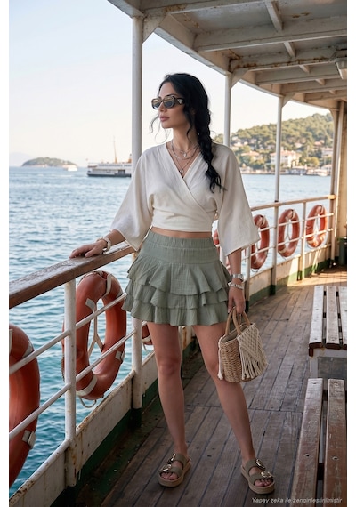 Lela Pamuklu Regular Fit Fırfırlı Mini Müslin Şort Etek Bayan Etek 5866662 Olive