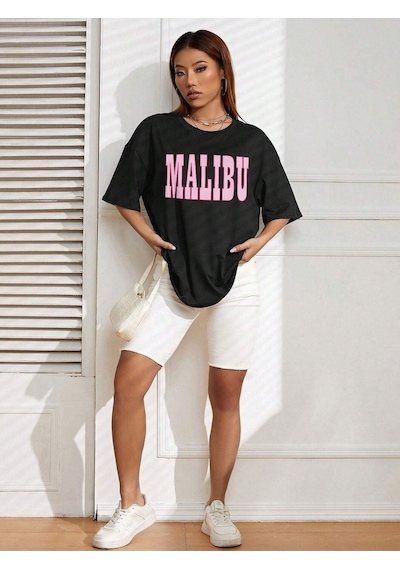 Malibu T-shirt - Siyah Baskılı Oversize Bisiklet Yaka Kısa Kol Tişört Siyah Malibu T-shirt - Siyah Baskılı Oversize Bisiklet Yaka Kısa Kol Tişört Siyah