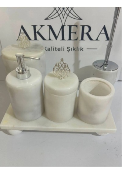 Osmanlı Motifli Dikdörgen Tepsi 6 Parça Banyo Seti Beyaz
