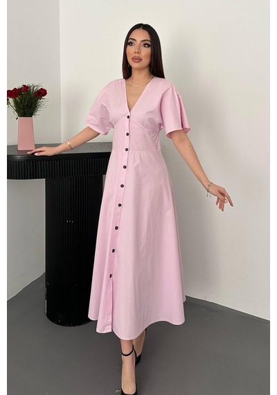 Duygudan Pembe Düğmeli Midi Boy Poplin Elbise - Pembe Çok Renkli