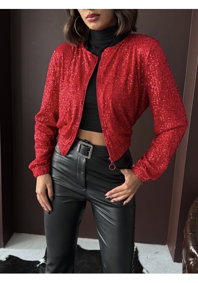 Verymoda Payetli Kadın Ceket - Şık Gece Kombini Kırmızı