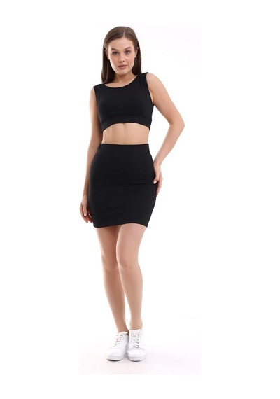 Winmoda34 Kadın Etek-crop 2li Takım Fitilli Kumaş Full Likralı Siyah