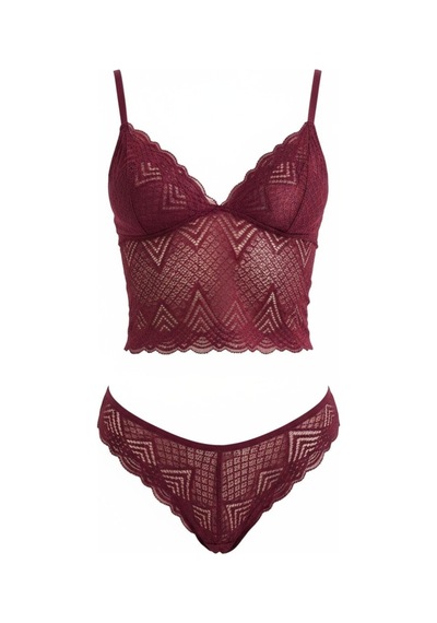 Dantel Detaylı Esnek Bralet & Slip Takımı Bordo