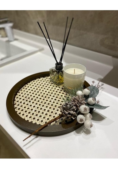 Rattan Hazeran Yuvarlak Tepsi Kahverengi %100 Doğal Hazeran