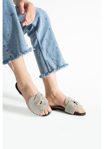 Dabab Shoes Lumıry Siyah Kadın Taşlı Düğümlü Bantlı Düz Işıltılı Terlik