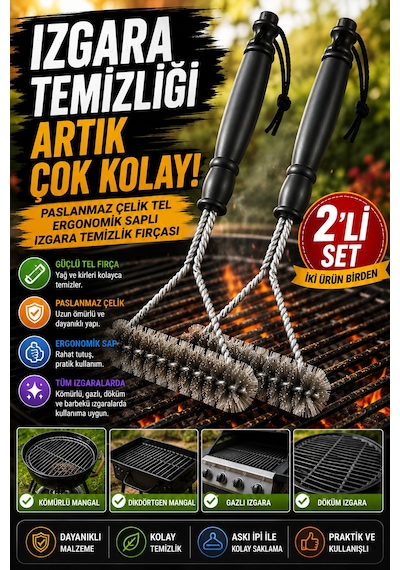 2 Adet Barbekü Mangal Izgara Temizlik Fırçası Paslanmaz Çelik Tel Ergonomik Saplı Izgara Fırçası