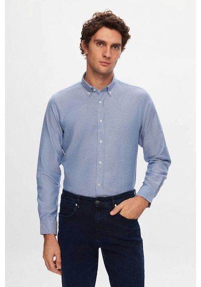 D'S Damat Ds Damat Slim Fit Mavi Armürlü Düğmeli Yaka Pamuklu Gömlek 5HC02ORT07265 Mavi
