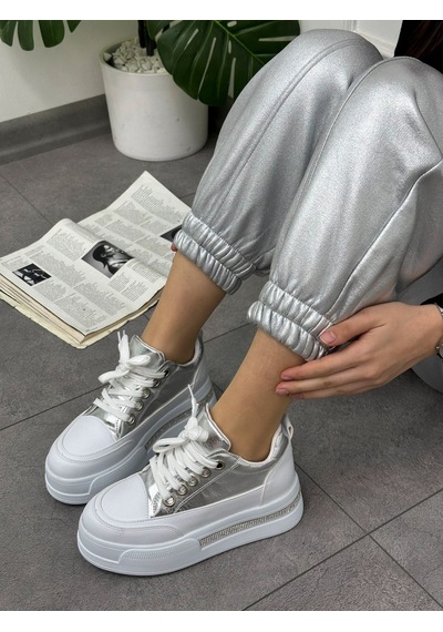 Erva'nın Butiği Gümüş Beyaz Miles Taş Detay Yüksek Taban Bağcıklı Sneakers-5635