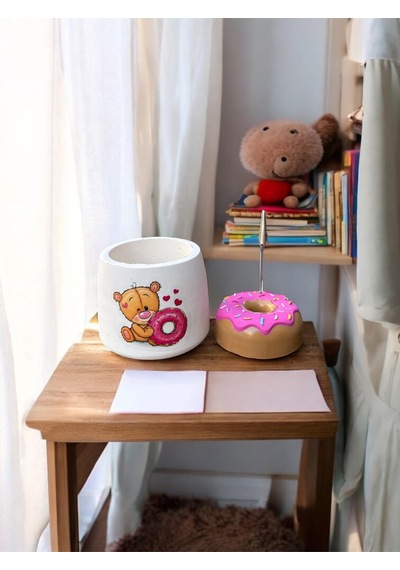 Donut Temalı Tutacak Ve Kalemlik Fotoğraf Not Tutucu Ofis Masası Tutacak Hediyelik 3lü Set