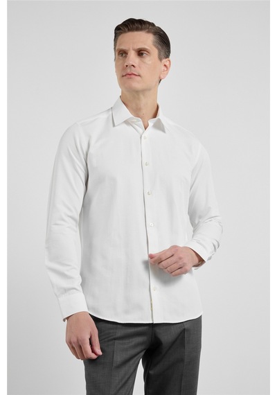 İmza Krem Sert Yaka Uzun Kol Cepsiz Slim Fit Pamuklu Gömlek 1004255913