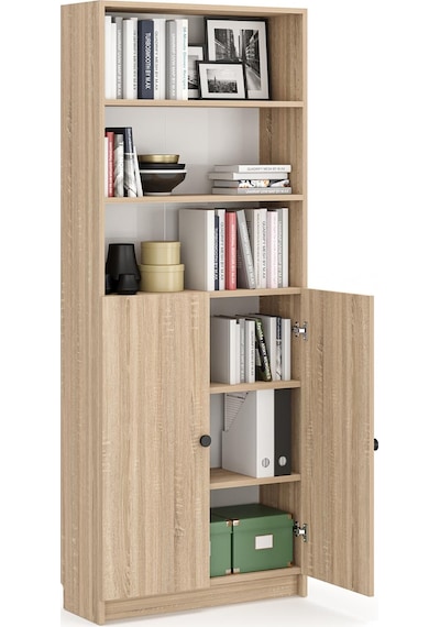 Bili Kitaplık 5 Raflı 2 Kapaklı Çok Amaçlı Ofis Salon Kitap Dosya Rafı Meşe Meşe