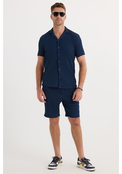 Tudors Erkek Slim Fit Dar Kesim Apaş Yaka Beli Bağcıklı İndigo Gömlek Şort Takım-37572 İndigo