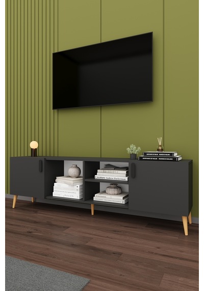 Asra Trend Tv Ünitesi T-12 %100 MDF 180 cm Tv Sehpası Dolaplı Raflı Koyu Gri