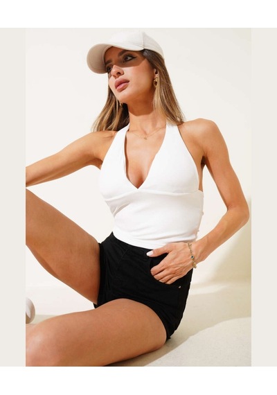 Intive V Yaka Çıkarılabilir Padli Boyundan Bağlamalı Croptop/büst Beyaz