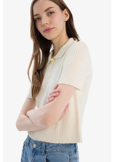 DeFacto Slim Fit Dar Kesim Polo Yaka Kısa Kollu Kazak N9752AZ25SPER103 Ekru