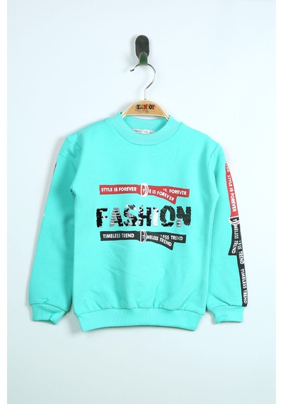 Toontoy Kız Çocuk Sweatshirt Kollari Şeritli Pullu Fashion Nakış Su Yeşil