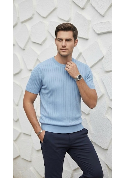 Plus Scorpion Erkek Slim Fit Triko Tişört Bisiklet Yaka Çizgili Modern Şık Tasarım Mavi