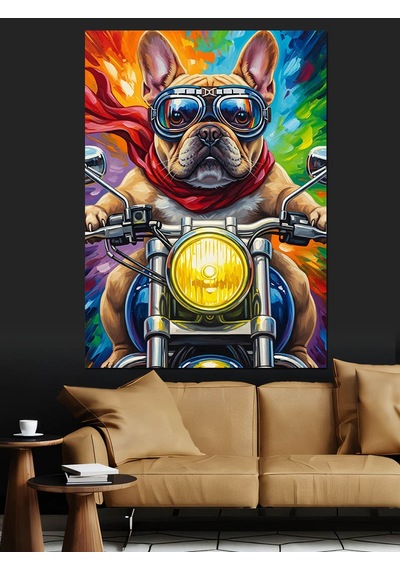 Ahşap Tablo Motosiklet Süren Bulldog Köpek