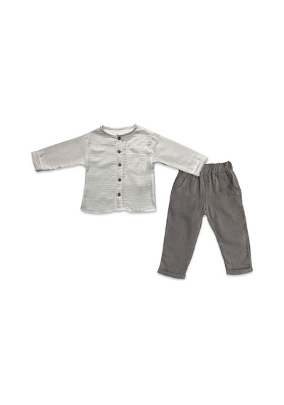Babysena Erkek Çocuk Yuvarlak Yaka Müslin Gömlek Pantolon Takım 1-6 Yaş Gri