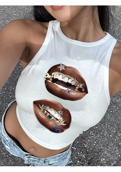 Afri Kadınbeyaz Baskılı Crop Atlet Diş Grillz Desenli, Sokak Modası Tarzı Beyaz