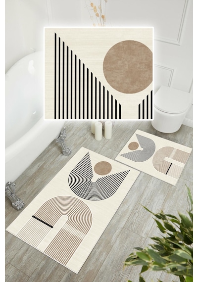 Dijital Baskı Modern Kaymaz Taban 2li Set Banyo Paspası Klozet Takımı 50x60cm-60x100cm Kahverengi