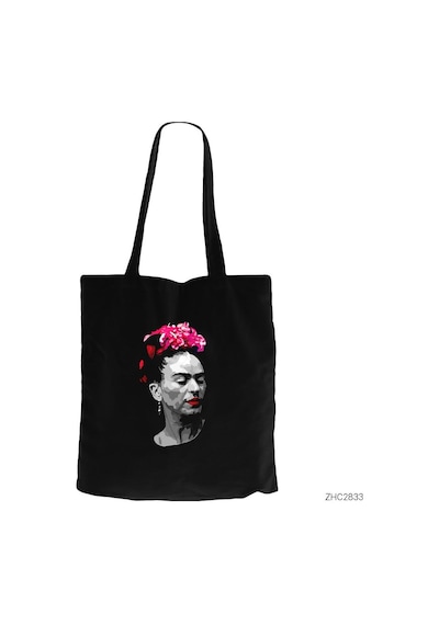 Frida Kahlo Portre - 6 Siyah Kanvas Bez Çanta Siyah
