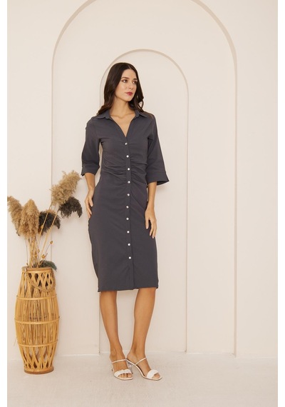 Darlin Moda Antrasit Kısa Kollu Büzgülü Gömlek Elbise Dm1039 Antrasit