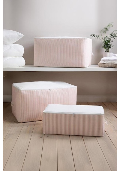Pembe Çizgili Medium Baza Çekyat Altı 5 Adet Hurç 50x30x20cm Pembe