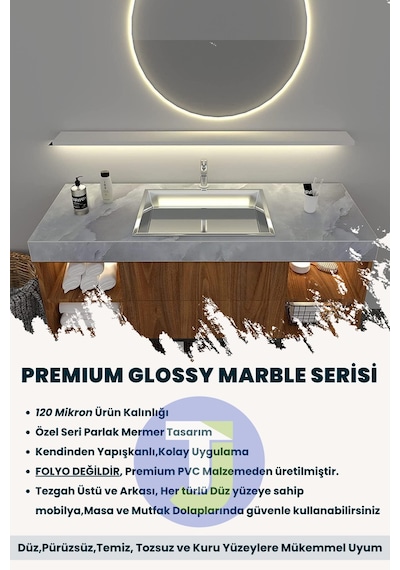 Technojet Kendinden Yapışkanlı Mermer Desen Folyo Mutfak Banyo Tezgah Duvar Kaplama 60cmx500cm Açık Gri