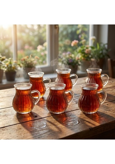 6'li Kulplu Borosilikat Fitil Desenli Cam Çay Bardağı Seti - Şeffaf Ve Isıya Dayanıklı Şık Çay Takımı 180ml Çok Renkli