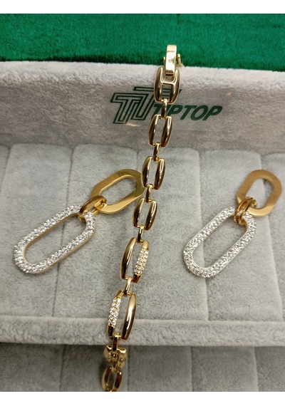 Tiptop/ Gold Renk Zirkon Taşlı Sallantılı Model Çelik Küpe - Zincir Model Zirkon Taşlı Bileklik Gold