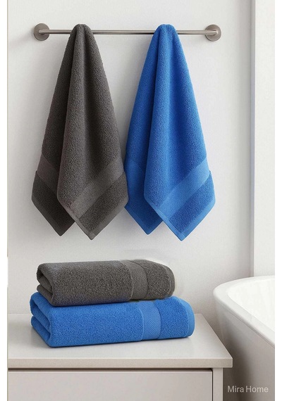 4 Parça Banyo Havlu Takımı %100 Pamuklu Dry Antrasit Mavi Çok Renkli
